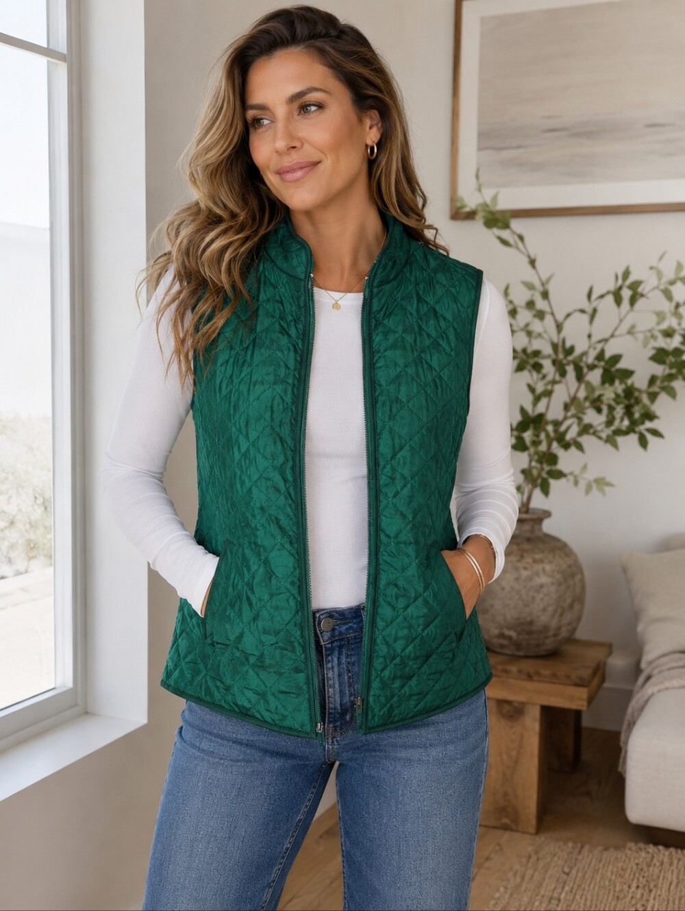 Karen Scott Sport Womens Green Quilted Vest Size Petite Large Spruce Athleisure